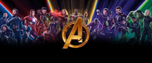 Marvel 3440 X 1440 Avengers Logo Against Superheroes Wallpaper