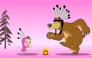 Masha And The Bear As Native Indians Wallpaper