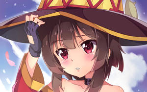 Megumin Close-up Holding Hat Wallpaper