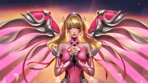 Mercy In Action - A Powerful Healer In The Video Game Overwatch Wallpaper