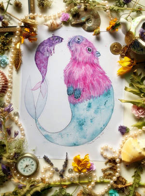 Mermaid Capybara And Rat Art Wallpaper