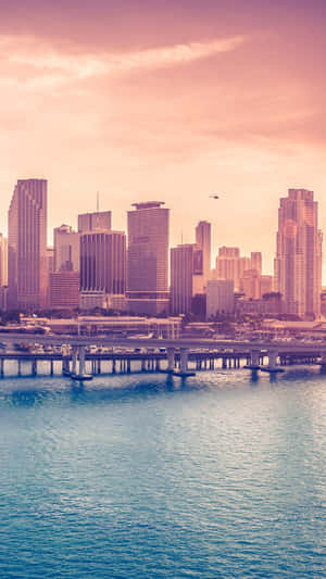 Miami City Skyline At Sunset Wallpaper