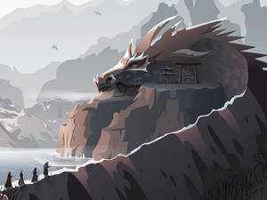 Mighty Dragon Crouching On A Giant Rock Wallpaper