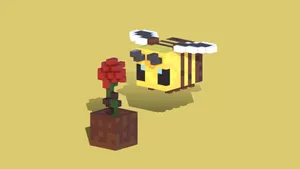 Minecraft Bee With Red Rose Wallpaper