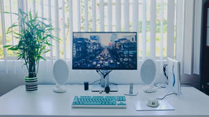 Mint White Desk Setup Wallpaper