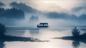 Misty Lake Silhouette Boat Scene Wallpaper