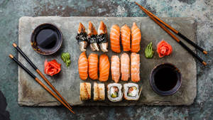 Mixed Seafood Sashimi Serving On Stone Board Wallpaper