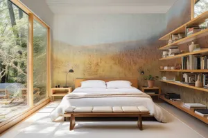 Modern Bedroomwith Calico Wallpaperand Forest View Wallpaper