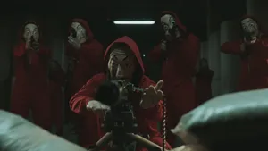 Money Heist Mask And Guns Wallpaper
