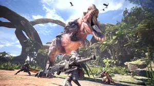 Monster Hunter World Anjanath Island Battle Wallpaper