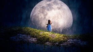 Moon 4k Little Girl On Mossy Log Wallpaper