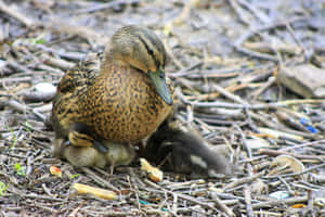 Mother Bird Guidance - A Rouen Duck Leading Her Ducklings Wallpaper