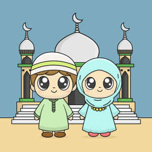 Muslim Couple Cartoon Mosque Background Wallpaper