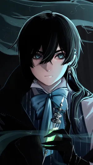 Mysterious Anime Boywith Black Hairand Green Elixir Wallpaper
