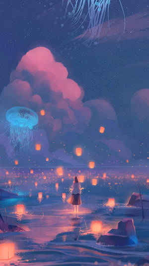 Mystical Marine Artwork - Glowing Lanterns As Jellyfish Wallpaper