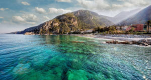 Natural Blue Sea With Mountain Wallpaper