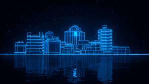 Neon Blue Aesthetic Cityscape Line Art Wallpaper