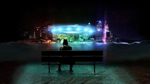 Neon City Skyline And Ufo Wallpaper