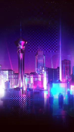 Neon Lights Reflecting Off A Futuristic Cityscape. Wallpaper