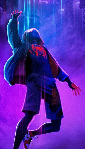 Neon Lights With Falling Spider Man Miles Morales Iphone Wallpaper