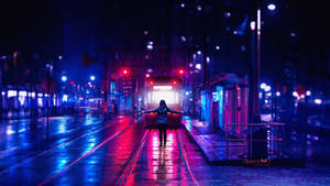 Neon Purple Girl In Train Station Wallpaper