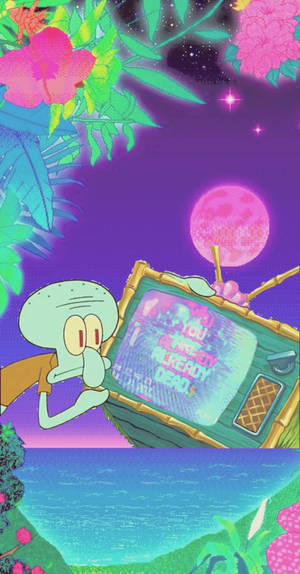 Neon Squidward Meme Phone Wallpaper