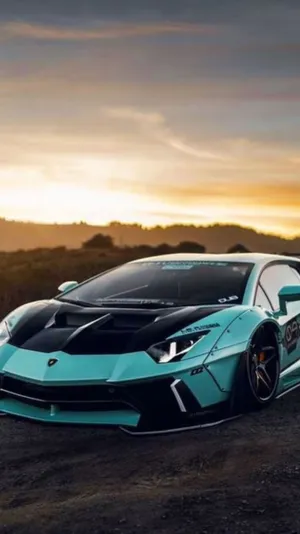Neon Teal Lamborghini Dusk Backdrop Wallpaper