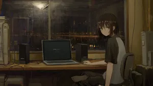 Nighttime Anime Laptop Scene Wallpaper