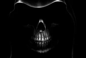 Ominous Black Skeleton Walking Through Fog Wallpaper