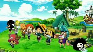 One Piece Chibi Straw Hat Pirates Brushing Teeth Wallpaper
