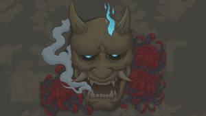 Oni Mask Red Peonies Wallpaper