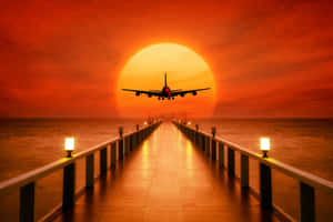 Orange Big Sunset Plane Background Wallpaper