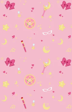 Pastel Sailor Moon Moon Stick Pink Background Pattern Wallpaper