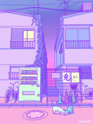 Pastel Toned Japanese Street Scene Wallpaper