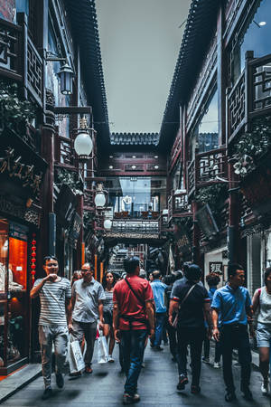 People In Chinese Street Wallpaper