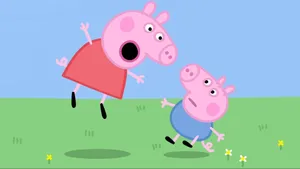 Peppa Pig And Her Little Sister Are Playing In The Grass Wallpaper