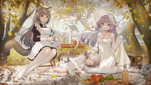 Picnic Anime Neko Family Setup Wallpaper