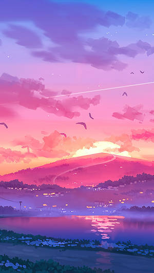 Pink Sunset Illustration Iphone Wallpaper