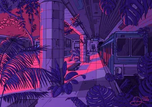 Pink Train Station Digital Art Wallpaper