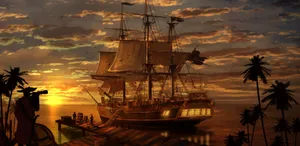 Pirate Ship On The Shore Of A Tropical Beach Paradise Wallpaper