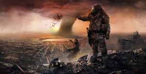 Post Apocalyptic Survivor Overlooking Ruins Wallpaper