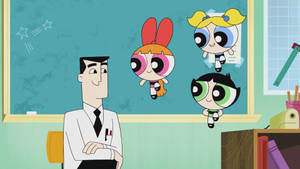 Powerpuff Girls With Professor Utonium Wallpaper