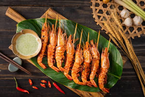 Prawns Skewers On A Banana Leaf Wallpaper