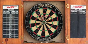 Precision At Play - Wooden Dartboard Cabinet With Darts Scoreboard Wallpaper
