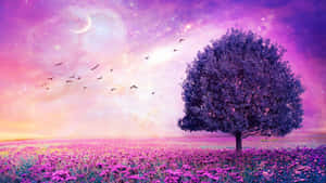 Pretty Purple Tree In A Field Of Flowers Wallpaper