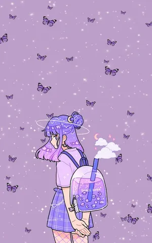Purple Anime Girlwith Butterflies Wallpaper