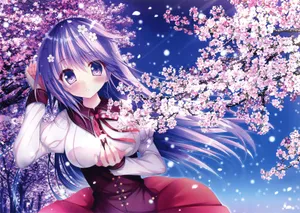 Purple Haired Anime Girl Cherry Blossoms Wallpaper