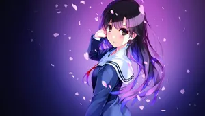 Purple Hued Anime Girlwith Petals Wallpaper