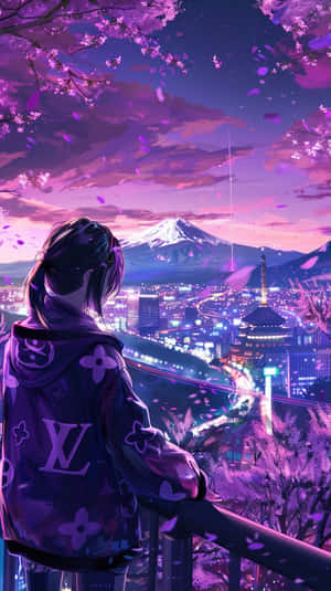 Purple Louis Vuitton Jacket Overlooking Cityscape Wallpaper