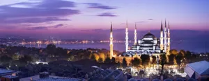 Purple Sky Blue Mosque Panoramic View Wallpaper